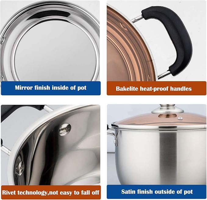 P&P CHEF 3 Qt Stockpot with Lid, Stainless Steel Stock Pot, 1-Ply Metal | Cooking Pot for Soup Pasta, Heat-Proof Double Handles with Visible Lid, Dishwasher Safe & Healthy Use