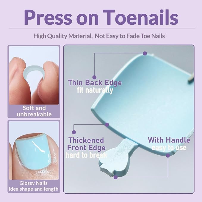 AddFavor 160pcs Blue Press on Toenails for Women, Full Cover Fake Toe Nail Tips with Adhesive Tabs, Artificial Pedicure Toe Nail Press ons, Blue False Toenail Press ons