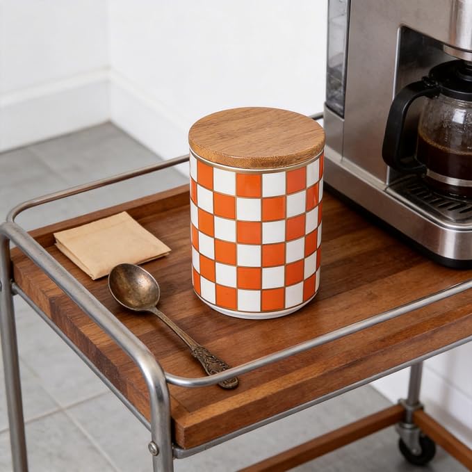 Kitchen Countertop Ceramic Checkered Canisters,Black And White Food Storage Containers With Lid,Airtight Kitchen Canisters for Flour, Sugar, Coffee, Tea, and Dry Goods (Orange, Small)