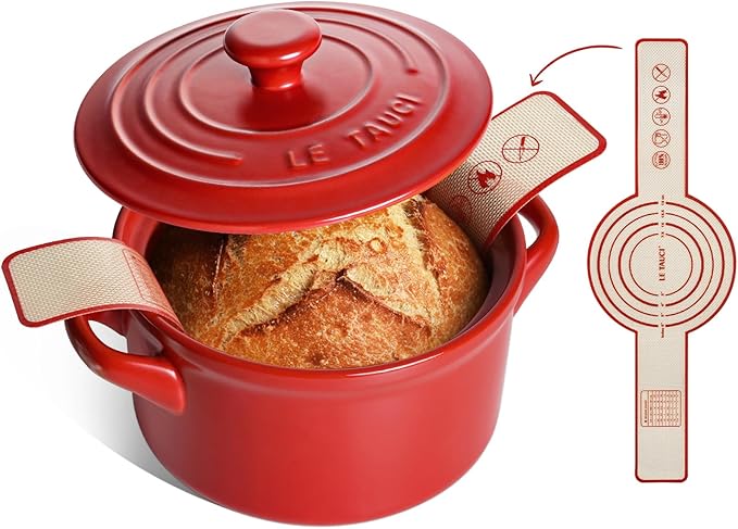LE TAUCI 3 QT Ceramic Bread Baker with Lid for Sourdough, Covered Bread Baking Pot with Natural Steam Retention, Oven Safe to 500°F, Silicone Bread Sling Included, Chili Red