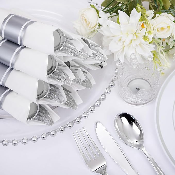 30 Pack Pre Rolled Silver Plastic Silverware, Linen Napkin Set | Heavy Duty Disposable Wrapped Flatware Cutlery Set for Business Banquets, Weddings, Thanksgiving Christmas