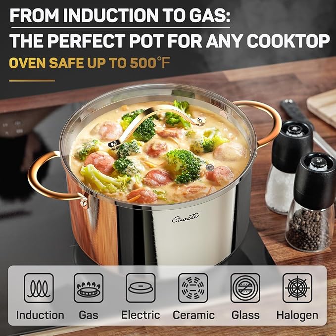 Ciwete Stock Pot 12 Quart, 18/10 Tri-Ply Stainless Steel Whole Clad Stock Pot with Lid, Seamless 12 QT Cooking Pot with Copper Handle, Healthy Stockpots, Induction, Gas, Oven and Dishwasher Safe