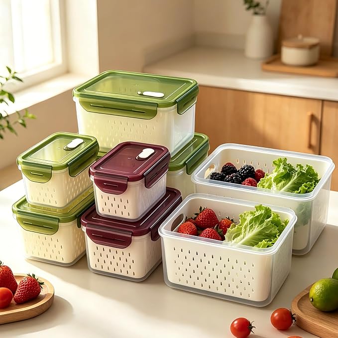 TBMax 8 Pieces Airtight Fruit Storage Containers for Fridge with Air Circulation Vent, 4 Pack Produce Saver with Colander for Berry Lettuce Salad Vegetable Storage, Refrigerator Organizers -Purple