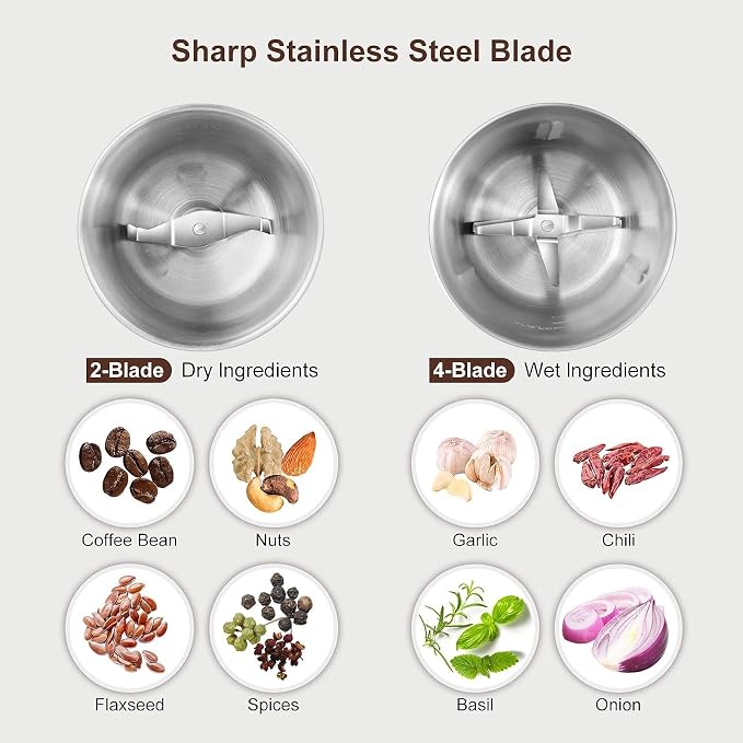 Secura Electric Coffee Grinder and Spice Grinder with Stainless Steel Blades, 2 Removable Bowls, Black