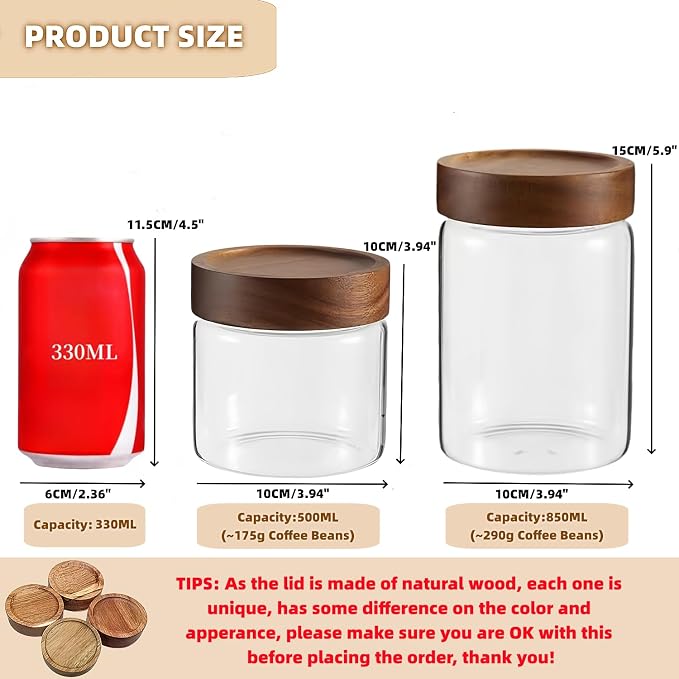 17 Fl oz/500 ml Glass Food Storage Jar with Airtight Screw on Wooden Lid | Premium Clear Glass Container Jars, Kitchen Canisters for Coffee,Tea,Snacks,Cookies,Nuts,Spice,Candy,Sugar,Overnight Oats