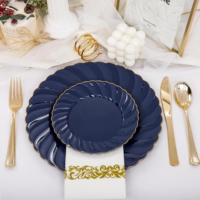 YOUBET 150PCS Blue Plastic Plates for Wedding Birthday Parties | Heavy Duty Navy Blue Disposable Plates include 50 Plates, 75 Silverware, 25 Napkins