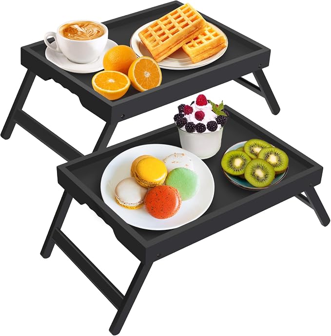 Artmeer FSC 100% Bamboo Bed Trays, Medium, 2-Pack, Black | Two FSC 100% bamboo bed trays with folding legs and handles for meals, reading, laptops and serving in bed.