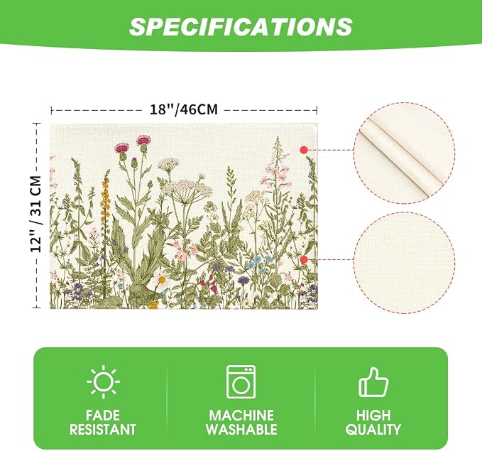 Artoid Mode Antique Herbs and Wild Flowers Summer Placemats Set of 12, 12x18 Inch Seasonal Wildflower Spring Table Mats for Party Kitchen Dining Decoration