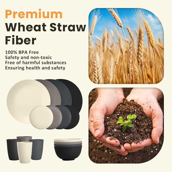 Wheat Straw Dinnerware Set - Dinner Plates, Cereal Bowls, Drinking Cups Set, Unbreakable 16 PCS Dish Set, Microwave and Dishwasher Safe Dishes for Home, Outdoor - Grey Stone