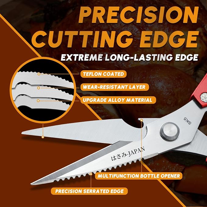 Huusk Kitchen Scissors all Purpose - Japanese Kitchen Shears for Food | Heavy Duty Meat Scissors with Non-Slip Handle for Chicken Bones and Turkey, Gifts for Women Men