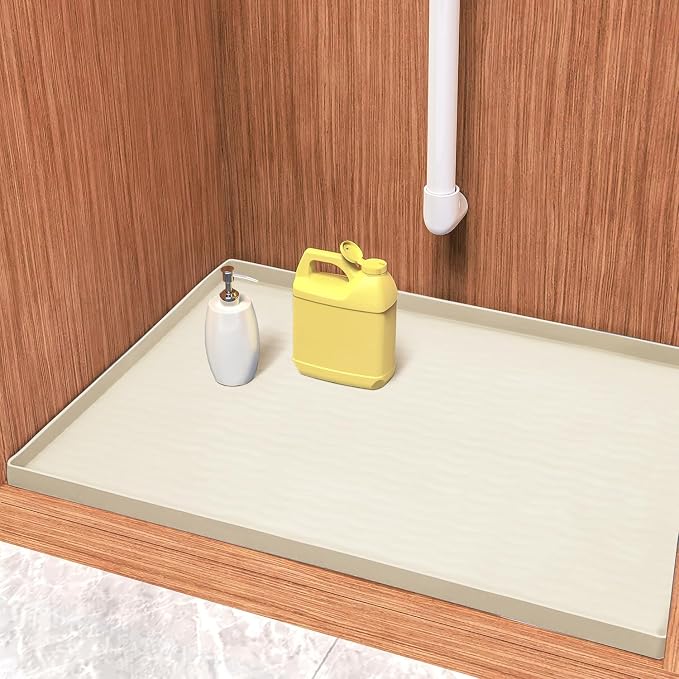URMONA Waterproof Silicone Under Sink Mat 19'' x 12'' Shelf Liner for Kitchen and Bathroom, Cabinet and Counter Protector, Storage and Organizers, Litter Mat, Pet Cat Puppy Essentials(Cream)
