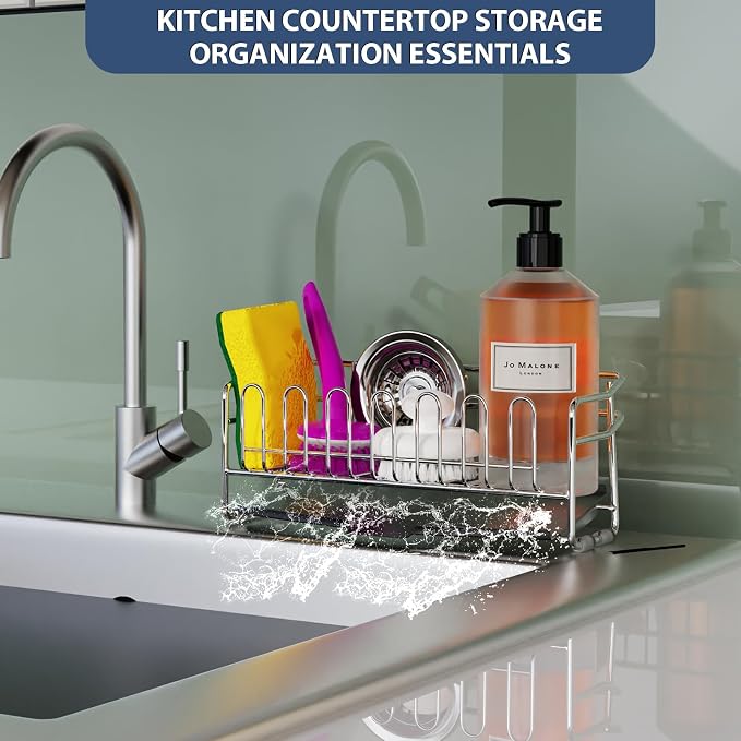 KABUM 304 Stainless Steel Sponge Holder for Kitchen Sink(8.27x2.95x3.43) | Compact Sink Caddy with 4 Non-Slip Silicone Pads, Easy to Clean Rustproof 304 Steel, Kitchen Essentials, No-Tools Design