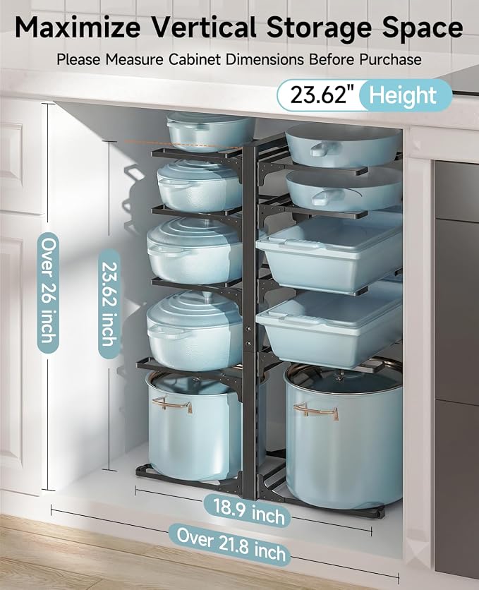 MUDEELA 10-Tier Pots and Pans Organizer Rack, 23.62" H for Cast-iron Pans | Adjustable heavy-duty pot rack, Holds big stockpots, cookware & skillets, Fits under cabinet on countertops, Kitchen storage