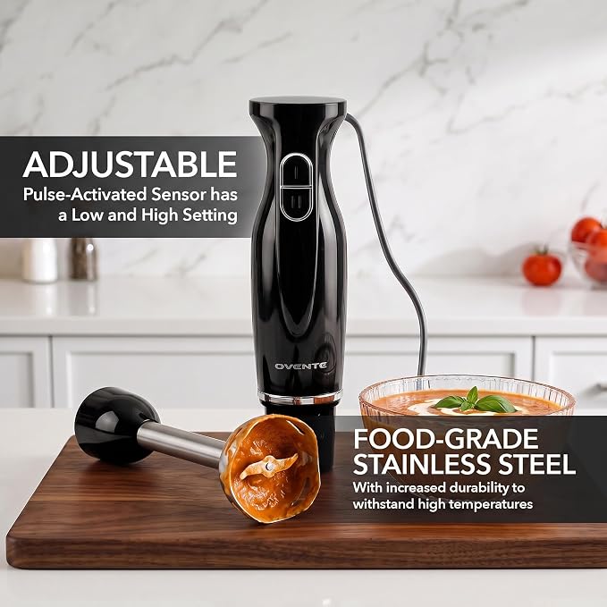 OVENTE Electric Corded Hand Blender, 300W with 2 Mixing Speeds Black HS560B | Handheld Immersion Stick Mixer with Stainless Steel Blades for Smoothies, Purees & Baby Food