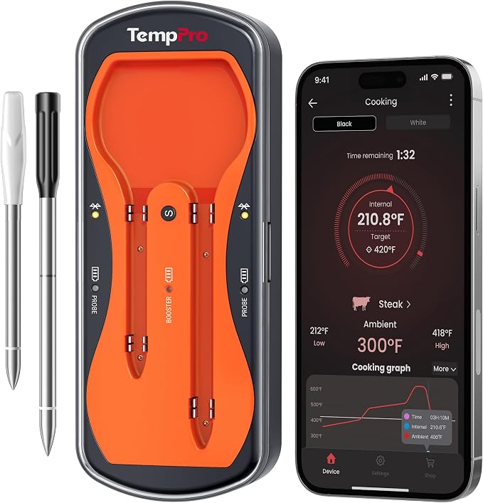 TempPro TempSpike 500ft Wireless Meat Thermometer with Long & Short Probes | Rechargeable Bluetooth Meat Thermometer for Kitchen Oven Smoker, Wireless Meat Probe for Backyard Grill BBQ Rotisserie