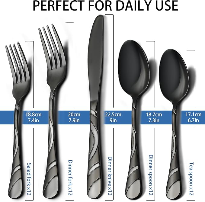 Black Silverware Set for 12, 60-Piece 18/0 Stainless Steel Utensils | Frosted & Mirror Finish Flatware Set, Unique Design Modern Cutlery for Wedding Restaurant Party Event Serving For 12