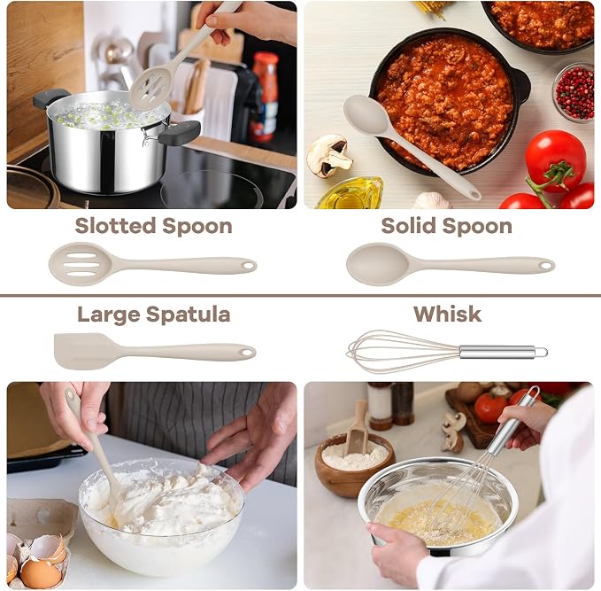 TeamFar Silicone Cooking Utensils Set, 8 PCS Kitchen Utensils Set, Khaki | 446°F Heat Resistant Turner, Spatula, Spoon, Whisk, Kitchen Cooking Gadgets Tools, for Nonstick Cookware, Dishwasher Safe