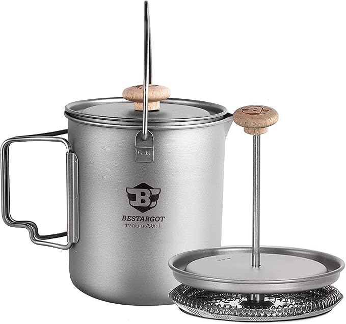 Bestargot Titanium Pot 750ml, Coffee French Press | Portable French Press, Ultralight, Camping Pot, Compatible with Camp Stoves