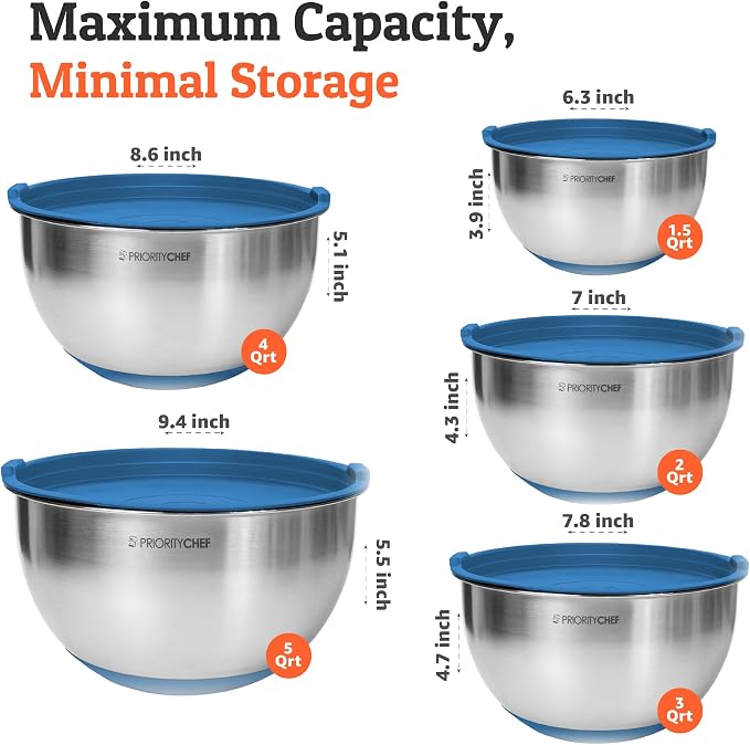 Premium Mixing Bowls With Airtight Lids Set, Thicker Stainless Steel Mixing Bowl Set, Large Prep Metal Bowls with Lids, Nesting Bowls for Kitchen, 1.5/2/3/4/5 Qrt, Blue