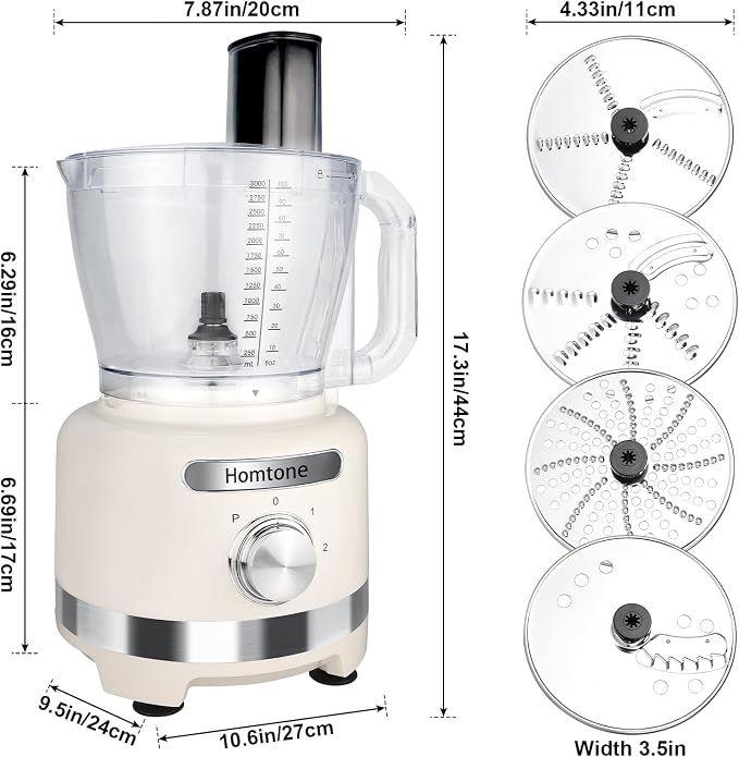 Homtone 16-Cup Food Processor, Large 9-IN-1 Food Veggie Chopper for Home Meal Prep, 7 Blades for Shredding, Slicing, Chopping, Kneading, Emulsifying, Dishwasher Safe, 600W (White, 16 cup)
