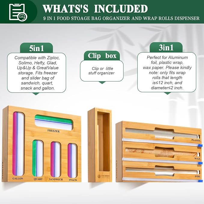 Calmbee 9 in 1 Bamboo Storage Bag Organizer for Kitchen Drawer – Plastic Wrap Dispenser with Cutter & Foil Organizer, Wooden Baggie Organizer for Sandwich, Snack, Gallon, Quart Sizes, Natural