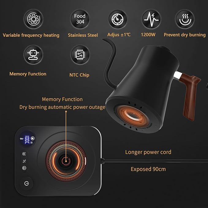 RHD Gooseneck Electric Kettle 0.9L, 1200W Fast Boilling 304 Stainless Steel | LCD Temp Control, Auto Shut-Off Pour Over Coffee & Tea, Keep Warm, BPA-Free No Plastic Contact with Water