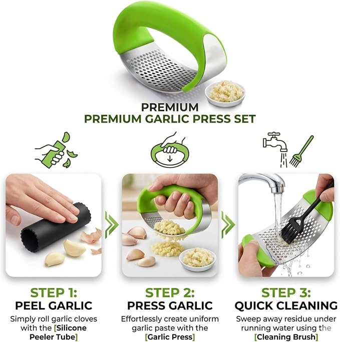 Angel's Peel Lounge Stainless Steel Garlic Press Rocker Set with Silicone Garlic Peeler & Cleaning Brush – Garlic Chopper, Mincer, Grater, Crusher – Easy for Crushed Cloves – Rust-Resistant, Green