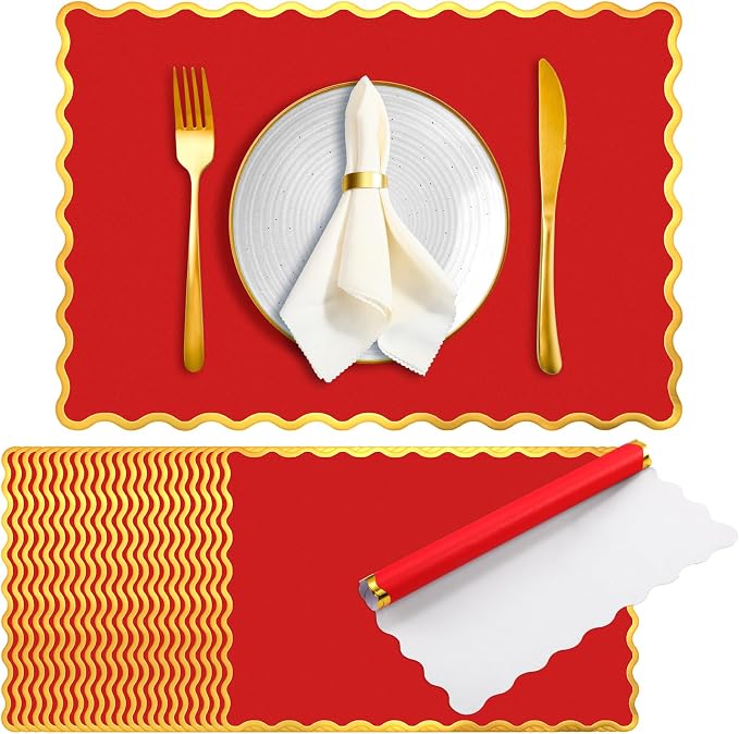 FoldTier 150 Pcs Disposable Paper Placemats Bulk 10"x14" Rectangle Place Mats with Scalloped Edges Dining Table Mat for Wedding Birthday Party Table Decoration(Red)