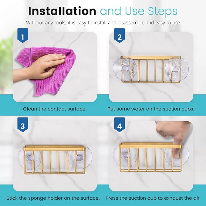 HLOOL Gold Sponge Holder for Kitchen Sink,Kitchen Sink Sponge Holder-Gold | Rustproof Kitchen Sink Organizer for Sponge, Brushes, Stoppers and Scrapers Storage Accessories