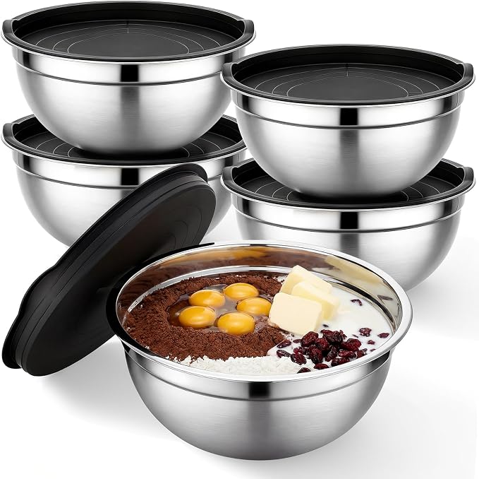 Beasea Mixing Bowls with Lids Set of 5, 4 QT Metal Stainless Steel Nesting Mixing Bowls with Lids, for Baking, Dough Bread Prepping, Salad, Food Serving and Kitchen Storing