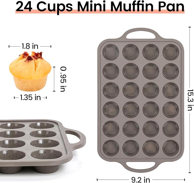 CAKETIME Mini Cupcake Pans, Metal Reinforced Frame Silicone Mini Muffin Pan Nonstick 24 Cups Easy to Handle for Baking Muffins, Cupcakes, Egg Bites 1 Pack
