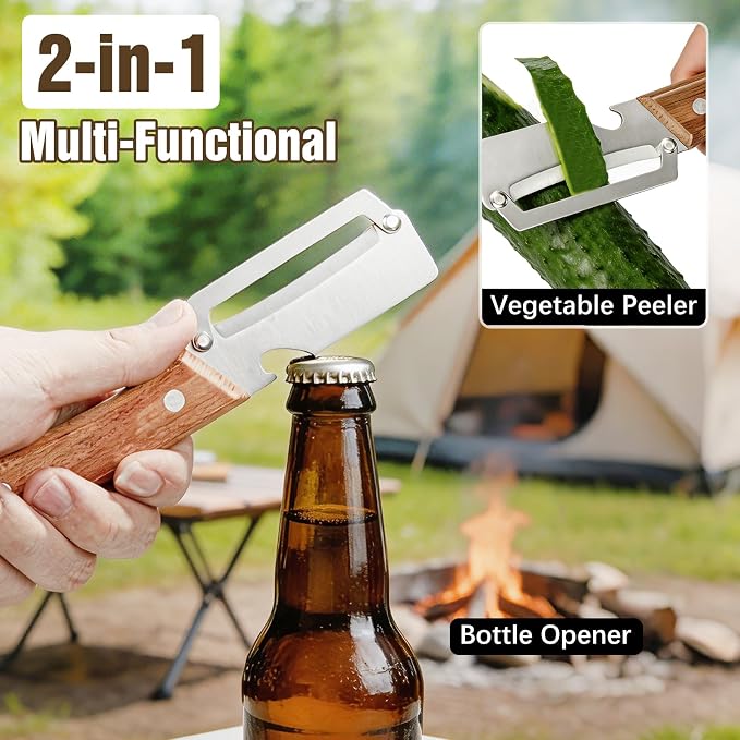 2-Pack Vegetable Peeler with Bottle Opener, Heavy-Duty Thick Stainless Steel Blade, Durable Kitchen Peeler with Wooden Handle for Potatoes, Carrots & Fruits