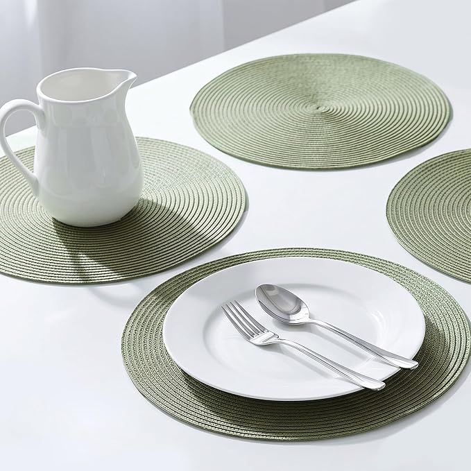 AHHFSMEI Round Placemats Set of 6 Heat Resistant Washable Non-Slip Woven Braided Table Mats for Dining Table Kitchen & Home Decor (Sage Green)