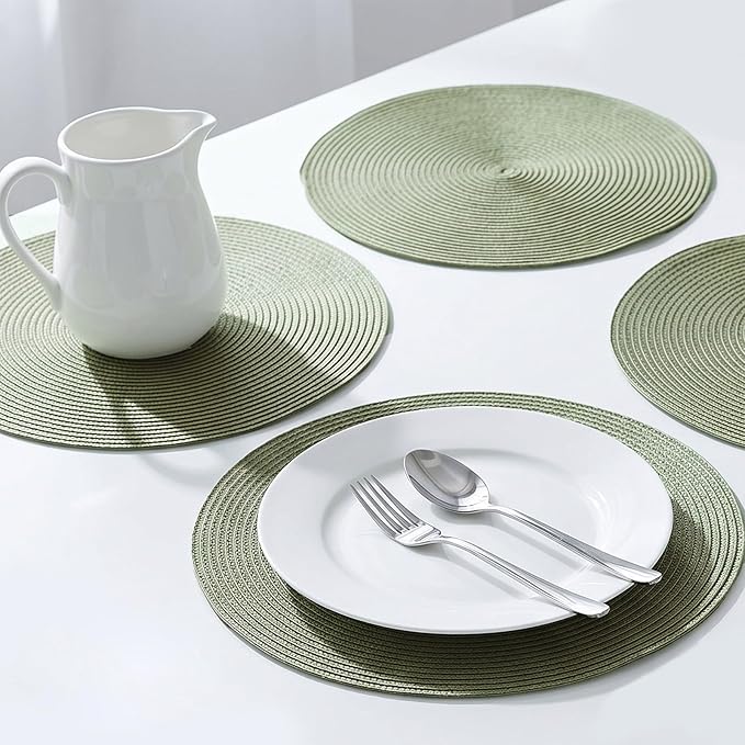 AHHFSMEI Round Placemats Set of 4 Heat Resistant Washable Non-Slip Woven Braided Table Mats for Dining Table Kitchen & Home Decor (Sage Green,4)