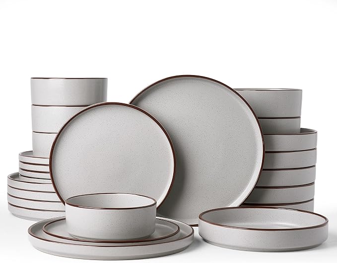 Famiware Nebula Ridge 24-Piece Dinnerware Set with Pasta Bowls, Light Gray | Stoneware Plates and Bowls for 6, Warm Hand-Painted Rims, Microwave and Dishwasher Safe