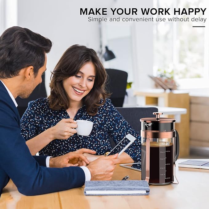 QUQIYSO French Press 34oz, Stainless Steel and Thickened Glass Coffee Maker | 4 Filter Heat-Resistant Borosilicate Glass Coffee Press, Easy to Clean, Suitable for Kitchen Party Camping Gifts(Copper)