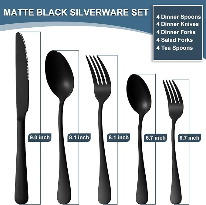 Matte Black Silverware Set for 4, Flatware Cutlery Set 20 Piece | Premium Stainless Steel Tableware Set, Include Knife Fork and Spoon, Mirror Polished, Ready for Any Dinner or Weddings