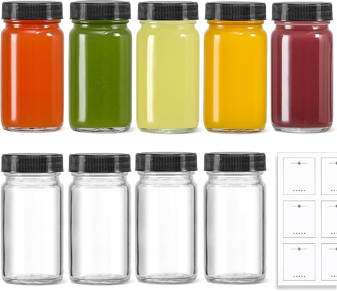 9 Pack, 2 oz Glass Shot Bottles w/ Black Lids & 9 Labels - Small Clear Jar for Ginger, Wellness Shot, Juice, Sample, Whiskey - Travel Essentials Mini Bottles - Wide Mouth, Leakproof, Dishwasher Safe