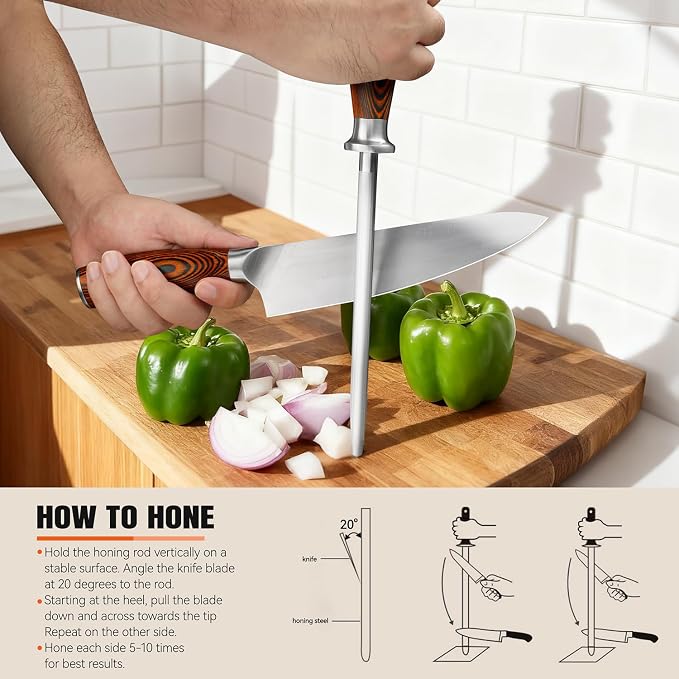 TUO Honing Rod, Sharpening Steel with Larger Diameter for Kitchen Knife Daily Honing Maintenance, High Carbon Steel 8" Knife Sharpener Rod, Ergonomic Handle