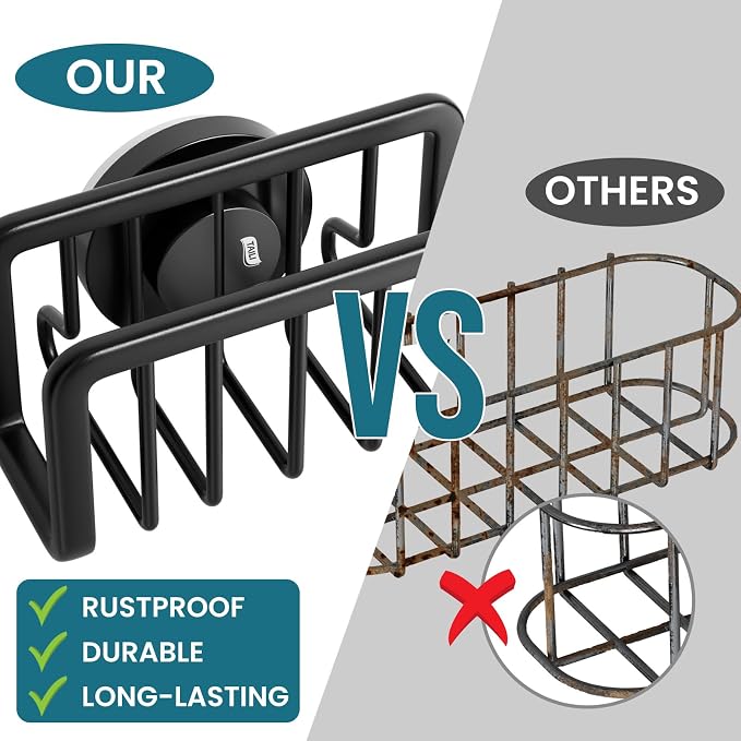 TAILI Rustproof Sponge Holder for Kitchen Sink with Suction Cup-Black | Rustproof Aluminum Sink Caddy for Sponges, Brushes, Stoppers & Scrapers,Removable Ventilated Quick-dry Design, Holds Up 11lbs