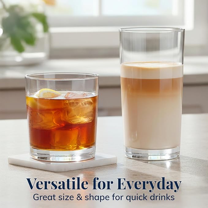 US Acrylic Classic Clear Plastic Reusable Drinking Glasses (Set of 8) 12oz Rocks & 16oz Water Cups | BPA-Free Tumblers, Made in USA | Top-Rack Dishwasher Safe