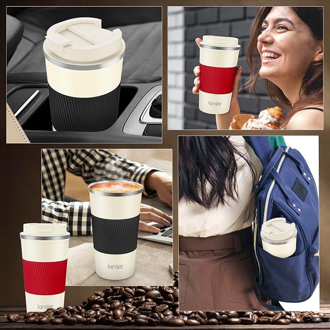 KETIEE 12oz Travel Mug: Vacuum Insulated Coffee Cup with Leakproof Lid, Travel Coffee Mug Stainless Steel Double Walled Reusable Coffee Cup for Hot and Cold Water Tea (Beige)
