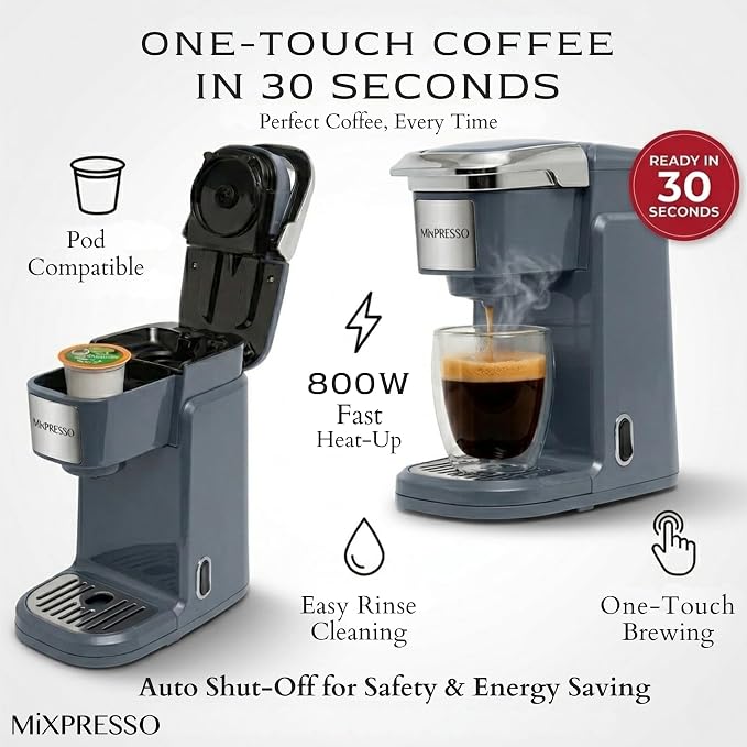 Mixpresso Single Serve Coffee Maker K Cup Coffee Maker for K Pods & Grounds | Compact 800W Gray Coffee Machine with 12 Oz Water Tank, Fast Brew & Auto Shut-Off, Small Design for Travel, Office, RV & Dorm