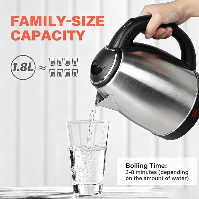 1.8L Stainless Steel Electric Kettle for Tea and Coffee, Silver | 1000W Rapid Boil Hot Water Kettle, Auto Shut-Off, One Touch Lid, 360°Swivel Base, BPA Free