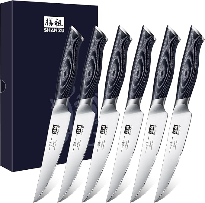 SHAN ZU 6 Pc Steak Knife Set, 4.5 In High Carbon Japanese Super Steel | Ultra Sharp Kitchen Steak Knife with K133 Ergonomic Handle, Black Tortoise Genbu Series
