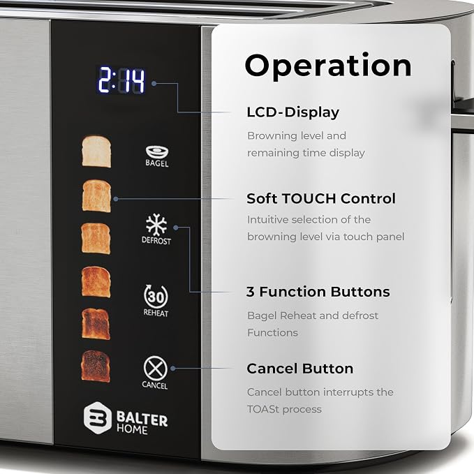 Balter Toaster 2 Slice, Bagel Function, Stainless Steel, Touch Screen, Built-in Rack, Extra-Wide 1.5" Slots for Thick Breads & Bagel, Timer, BPA-Free, Removable Tray