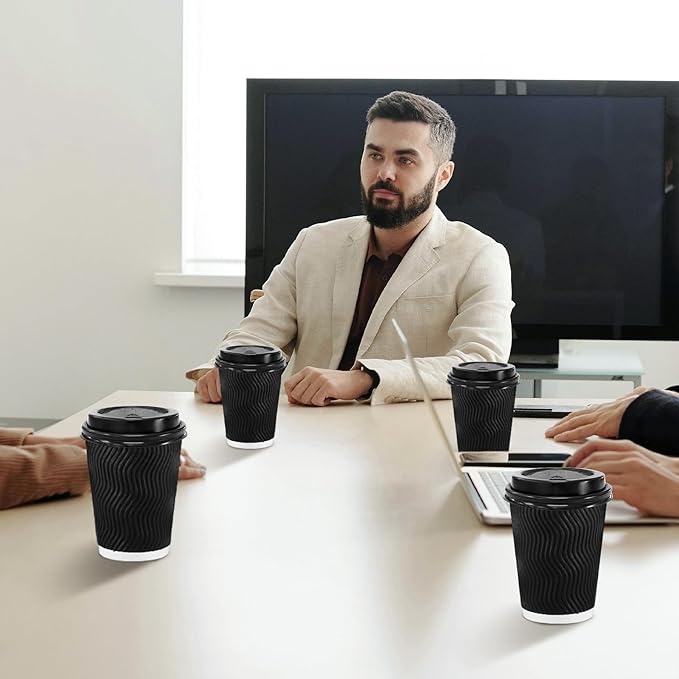 Lamosi 50 Pack 12 oz Disposable Coffee Cups with Lids and Straw, Black | Insulated Corrugated Ripple Wall Hot Cups with Lids for Hot Drink, Office, Coffee Bars, Meetings, and Short To-Go Use