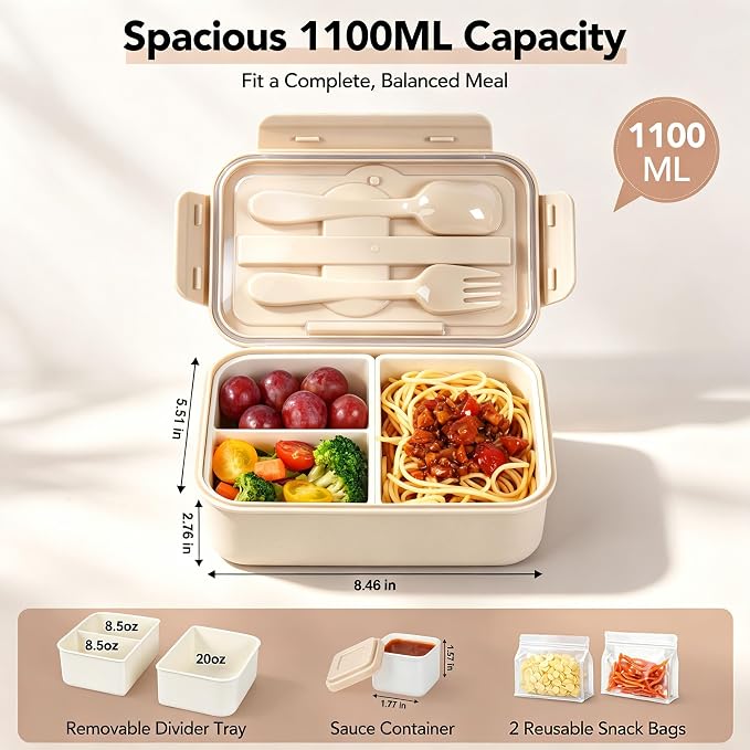 Bento Lunch Box Set for Adults & Kids with Insulated Bag Khaki | Includes lunch bag, spoon, fork, sauce box,BPA-free & dishwasher safe,For adults.child, school, work, office, travel, picnic