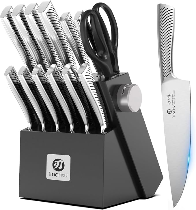 imarku 14 Pcs High-Carbon Stainless Steel Kitchen Knife Set Black | 56±2 HRC Hardness | Build-in Sharpener | Full Tang Ergonomic Handle | Dishwasher Safe | Gifts for Men