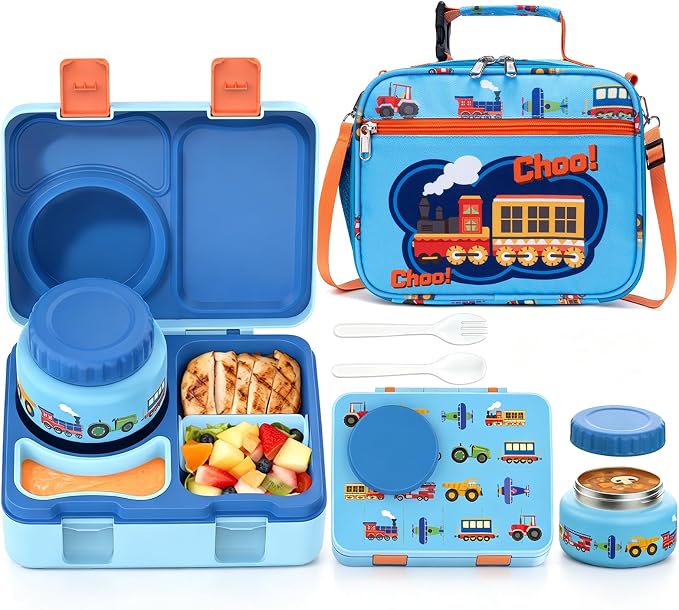 Bento Box for Kids, Leakproof Kids Lunch Box with 8.5OZ Thermo Food Jar & Lunch Bag, 3-4 Compartments Toddler Insulated Lunch Box for Boys, BPA Free Lunch Containers for School Daycare